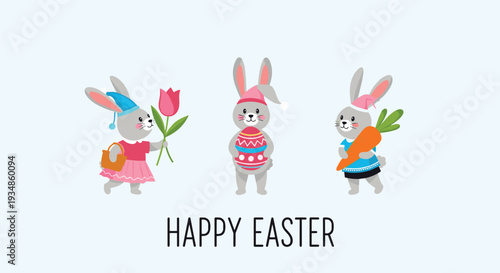 Happy Easter greeting card featuring three cute gray bunnies holding a flower, a decorated egg, and a large carrot for children.