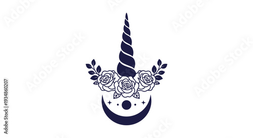 Dark blue silhouette of a unicorn horn decorated with a beautiful crown of roses and a crescent moon with stars below.