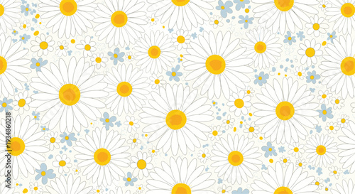 Beautiful seamless pattern featuring various sizes of white daisies with yellow centers and small blue flowers on a light background.
