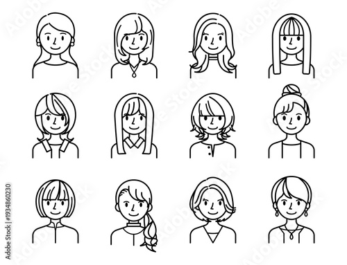 ベクターイラスト素材：若い女性の笑顔の上半身アイコンセット