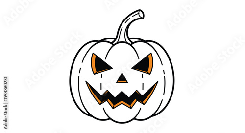 Classic Halloween jack o lantern pumpkin illustration with a scary face and orange glowing edges on a white background.