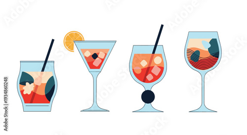 Set of four stylized cocktail drinks in various glasses with abstract geometric patterns and garnishes on a white background.