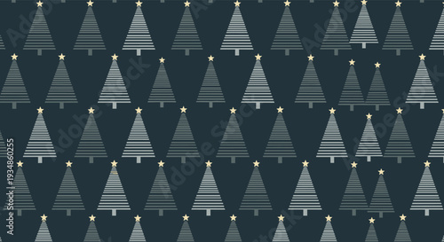 Festive seamless pattern of stylized white and gray Christmas trees with golden stars on a dark navy blue background.