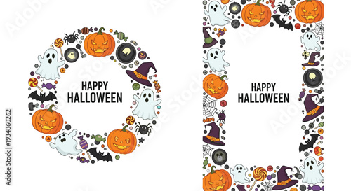 Set of two Happy Halloween card templates with a round wreath and a rectangular frame filled with spooky icons.