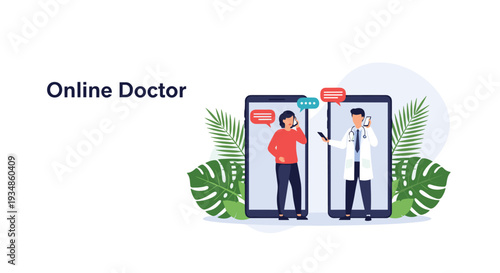 Online doctor consultation concept featuring a female patient and a male physician communicating through smartphone screens.