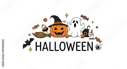 Spooky Halloween festive banner featuring a carved pumpkin, a ghost, a bat, a witch's broom, and various sweet candies.