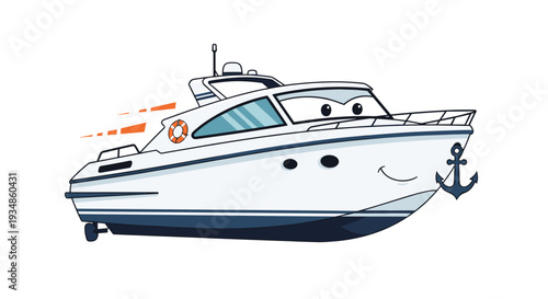 Cheerful cartoon yacht boat character with eyes and a smiling face sailing with speed lines and a hanging anchor.