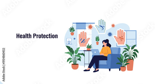 Health protection concept illustration showing a woman working on a laptop while protected by symbolic hygiene hands and virus icons.