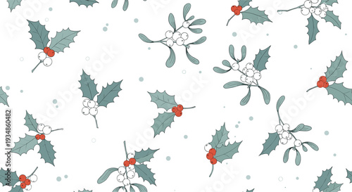 Delicate seamless holiday pattern featuring hand-drawn holly leaves and berries with mistletoe branches on a white background.