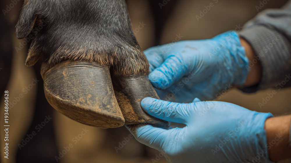 Obraz premium A farm veterinarian inspecting cow hoof for signs of lameness.