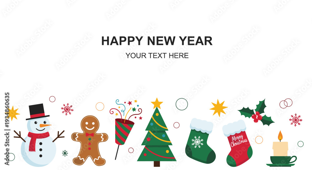 Fototapeta premium Happy New Year horizontal banner with celebratory holiday icons including a snowman, gingerbread man, tree, and stockings.