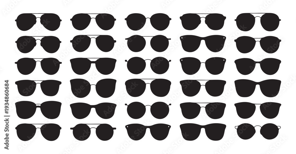 Fototapeta premium Large collection of diverse silhouette sunglasses models for men and women isolated on white background