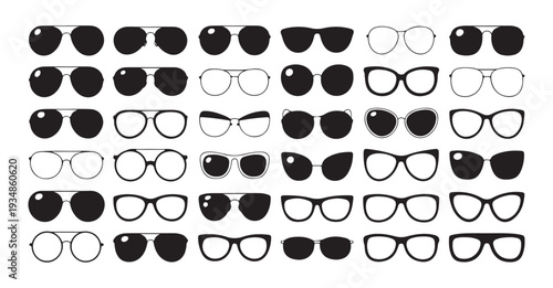 Diverse collection of sunglasses icons, different shapes and styles, eyewear for sun protection and fashion, vector