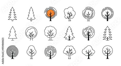 Extensive collection of various tree symbols and icons in a minimalist black line art style, showcasing different species and shapes.