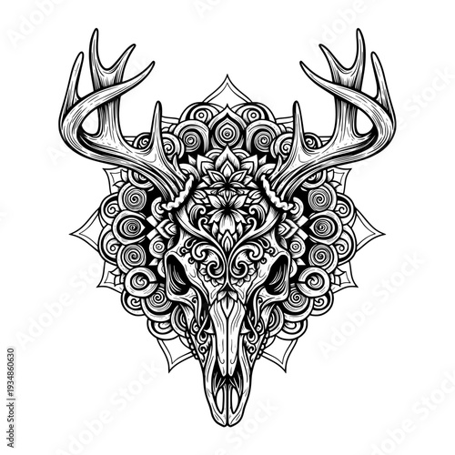 Deer skull silhouette, tattoo, geometric, mandala, black and white