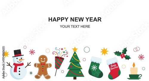 Happy New Year horizontal banner with celebratory holiday icons including a snowman, gingerbread man, tree, and stockings.