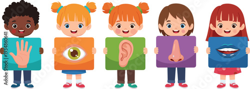 Diverse Cartoon Children Holding Five Senses Body Part Cards for Preschool Education, Sensory Learning, Classroom Posters and Kids Anatomy Illustration