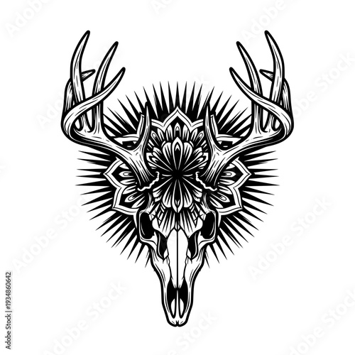 Deer skull silhouette, tattoo, geometric, mandala, black and white