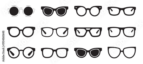 Assorted glasses and spectacles icons set, various frame styles, eyewear collection for vision and fashion, vector
