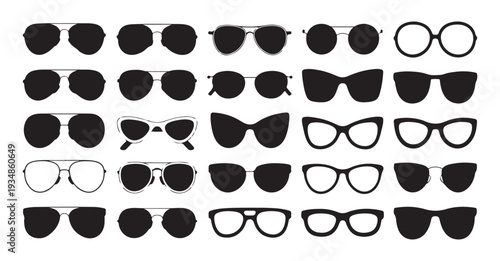 Selection of eyewear icons including sunglasses and glasses, various fashionable frames, accessory collection, vector