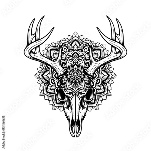 Deer skull silhouette, tattoo, geometric, mandala, black and white