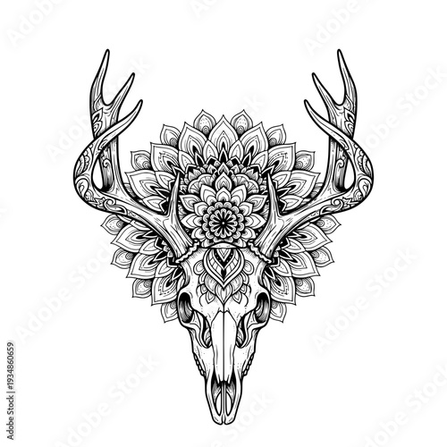 Deer skull silhouette, tattoo, geometric, mandala, black and white