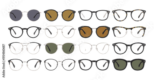 Assortment of modern and vintage eyeglasses and sunglasses frames with colorful lenses and tortoiseshell