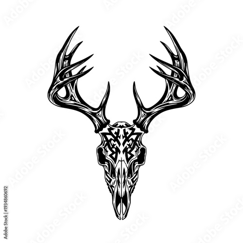 Deer skull silhouette, tattoo, geometric, mandala, black and white