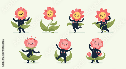 Collection of adorable anthropomorphic flower characters with happy faces and green leaves in various playful poses.