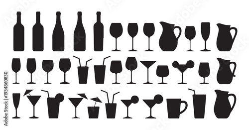 Beverage and drink silhouettes including bottles glasses cocktails and pitchers for menu design elements
