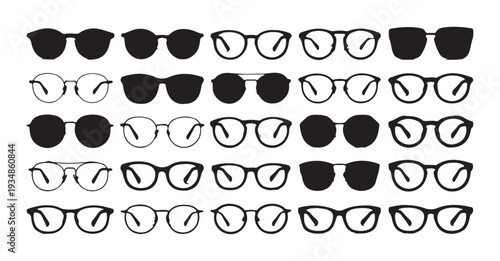 Sunglasses and eyeglasses silhouette collection for summer beach vacations and everyday vision protection