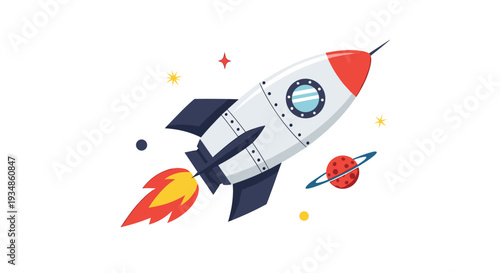 Colorful space rocket ship flying through the galaxy with a red planet, yellow stars, and celestial bodies on white background.