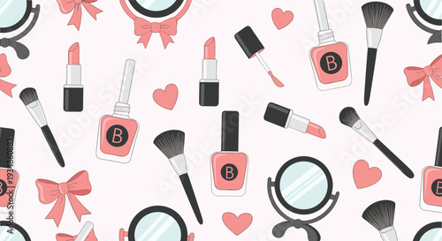 Seamless pattern design featuring various makeup essentials like lipstick, nail polish, brushes, and handheld mirrors on pink.