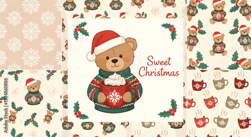Sweet christmas holiday collage featuring a cute teddy bear holding a cup of hot cocoa and various festive winter patterns.