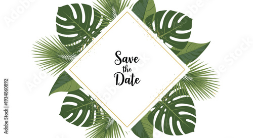 Save the date invitation card with a white diamond frame surrounded by exotic green monstera and palm leaves on a white base.