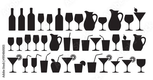 Set of various glassware, bottles, and drink silhouettes with garnishes, refreshing beverages collection