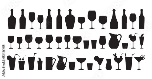 Set of various glassware, bottles, and drink silhouettes with garnishes, refreshing beverages collection