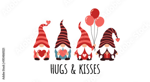Four cute valentines gnomes holding hearts and red balloons with hugs and kisses message on a plain white background.