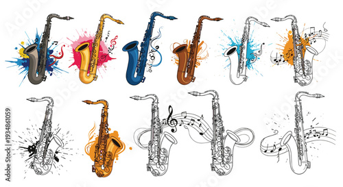 Collection of saxophone musical instruments in various colors and styles with creative paint splatters and music notes.
