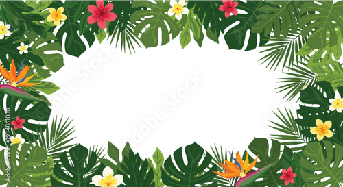Tropical botanical frame with lush green leaves and exotic flowers like plumeria and bird of paradise on white background.