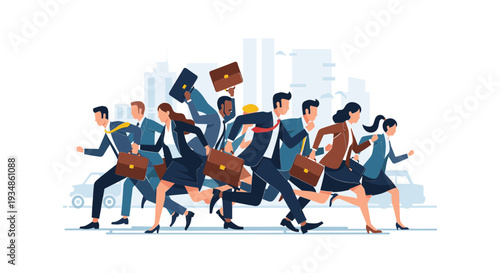 Business Professionals Running with Briefcases in Hand.