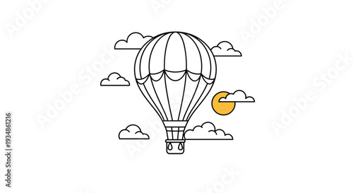 Simple outline of a hot air balloon floating among fluffy white clouds in a bright sky isolated on a plain white background.