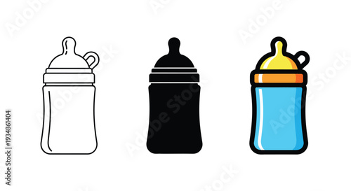 Vector graphic illustration set showcasing three distinct styles of baby feeding bottles including outline solid silhouette and color versions