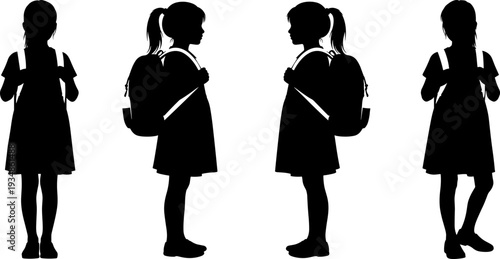 School Girls Black Silhouette Set, Primary Education Children with Backpacks, Standing Still, Side and Front View, Monochrome Vector Illustration Collection