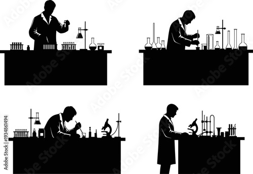 Scientists conducting laboratory research experiments, using microscope and test tubes, chemical reaction, biology and chemistry analysis silhouette vector illustration for science concept design