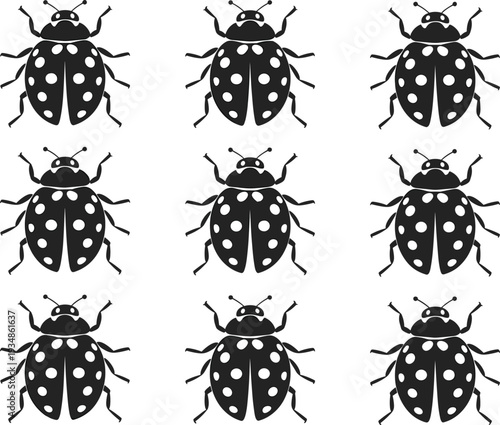Seamless pattern of black silhouette ladybugs with white spots, minimalist insect vector illustration, repetitive beetle design, nature concept, isolated graphic decoration