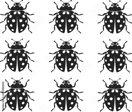 Seamless pattern of black silhouette ladybugs with white dots, insect vector illustration, isolated beetle icons, repetitive symmetrical design, nature concept