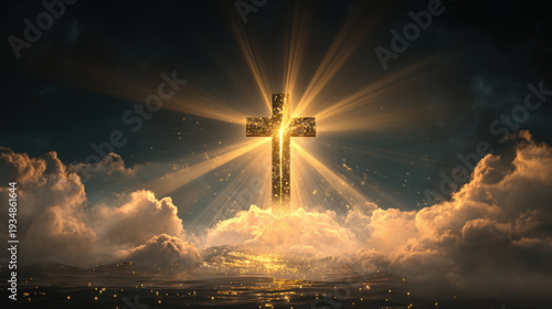 Golden illuminated cross shining above clouds with radiant light and sparkling particles, evoking hope and serenity