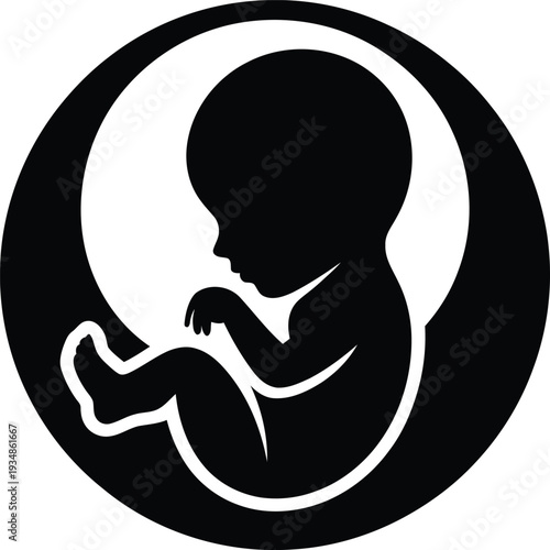 Black silhouette of a fetus in a circular prenatal illustration symbol  baby  human