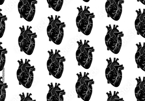 Seamless pattern of human heart anatomy vector illustration, medical science background, healthcare design, cardiovascular system education and biological organ concept for wallpaper